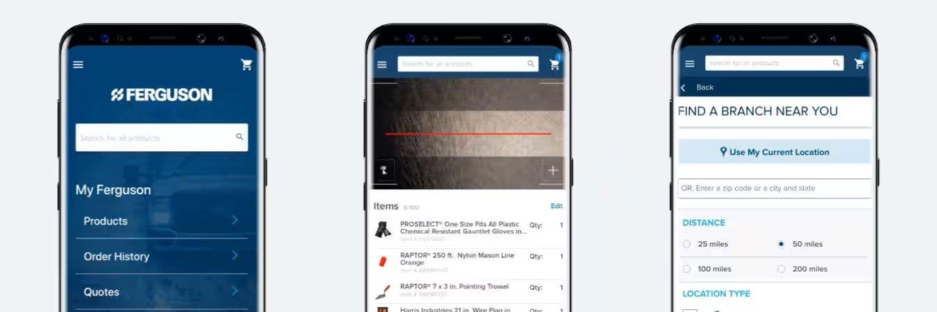 Three smartphones, with the left showing the Ferguson app homepage, the middle showing a list of products available through the app, and the right showing the search nearest location screen.