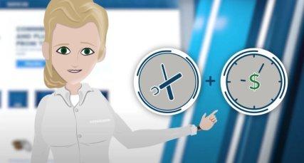 An animation of a woman wearing a white Ferguson jacket and pointing at icons of a tool and a clock with a dollar sign on it.