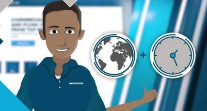 An animation of a man wearing a blue Ferguson shirt and pointing toward icons of a globe and a clock.